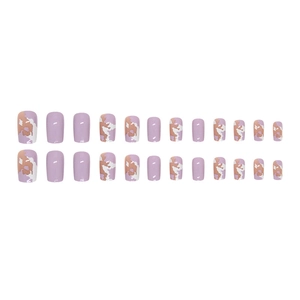 Long lilac cow print press-on nails with abstract marble texture in a square oval shape