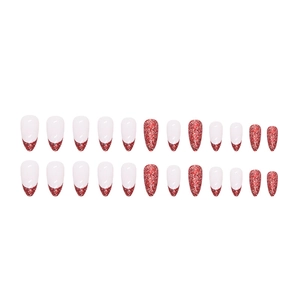 Sparkling burgundy almond fake nails with glitter French tips 24pcs set on white background