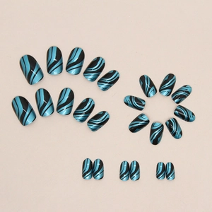 Aurora blue wave pattern press-on nails with metallic finish and oval round tips