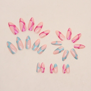 Almond shaped fake nails with pink and blue wavy patterns on a glossy base coat