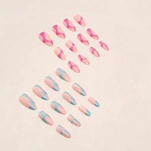 Almond press-on nails featuring pink and blue dual-color wavy gradient designs