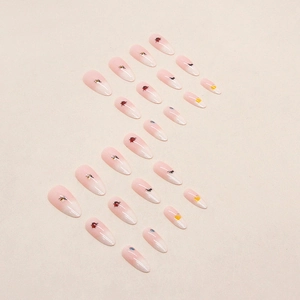 Pink and white gradient almond press-on nails with cute insect patterns and 24 pieces