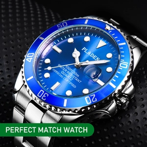 Detailed side view of luxury blue dial dive watch with calendar and steel bezel