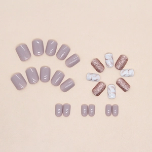 Pink marble and rose gold glitter short square press-on nails set with 24 pieces