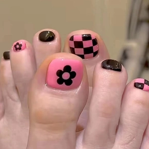 Checkerboard Pink Black Press On Toenails Flower Pattern Square Head Full Cover Detachable False Toe Nails Women Pedicure