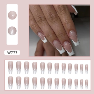 Aurora white French tip long ballerina press-on nails with glitter pink base 24pcs
