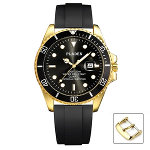 Classic men's waterproof quartz watch with gold case, black dial and rubber strap