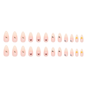 Gradient almond press-on nails with cute cartoon insect patterns of bees and ladybugs