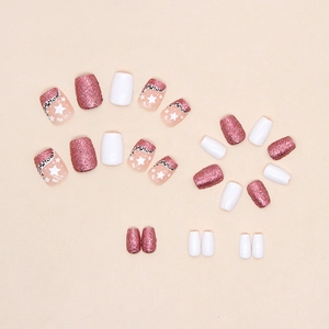 Pink glitter, pure white and leopard star press-on nail set in various sizes