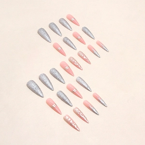Pink and silver stiletto press-on nails with glitter leopard print and foil lines