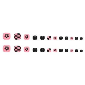 Pink and black checkerboard floral press-on toenails set with 24 pieces for women