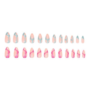 Almond fake nails in blue and rose pink split colors with glossy geometric wave design