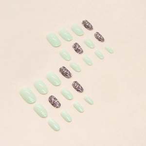 Mint green and black zebra pattern oval press-on nails set with various sizes