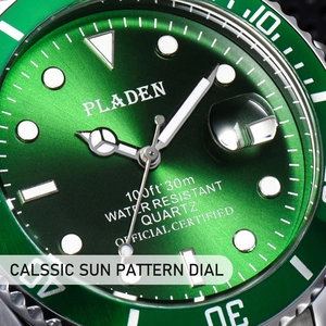 Macro shot of green sunray dial with luminous hands and date window on quartz watch