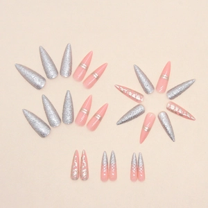 Pink and silver stiletto press-on nails set with glitter and metallic lines for women