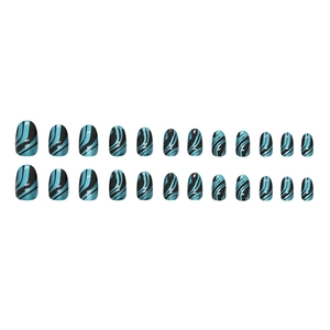 Glossy blue and black marble wave pattern long oval press-on nails set with 24 pieces