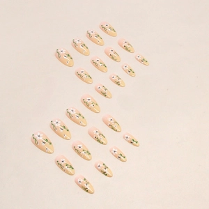 French almond press-on nails set with gradient nude yellow and delicate white flower art