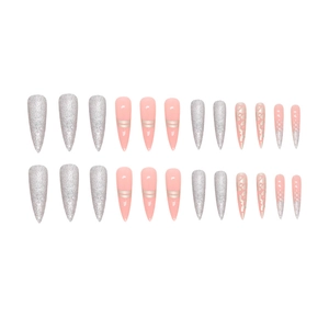 Long stiletto press-on nails featuring silver glitter and pink leopard print patterns