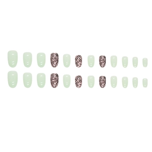 Press-on nails set with mint green and black zebra pattern in oval shape 24pcs