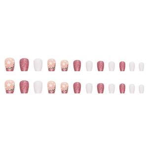 24pcs short square press-on nails with pink glitter, white stars, and leopard patterns