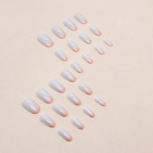 French gray press-on nails with neon orange tips in a natural oval shape 24pcs set