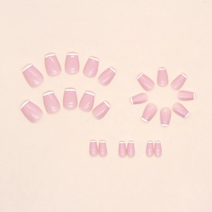 Short ballet French tip press-on nails set with pink base and white trapezoid shape