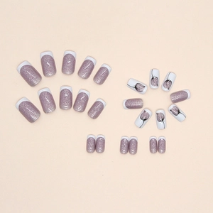Sparkly purple glitter gradient French press-on nails with floral hand-painted designs