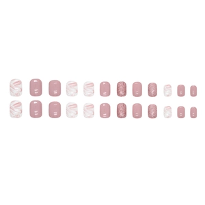 Short square press-on nails with pink marble dye, glitter finish, and solid soft white tones