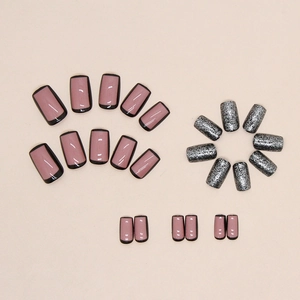 Pink and black square press-on nails set with silver glitter and hollow French design