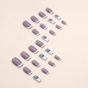 Sparkly lavender French square fake nails with floral tulip designs in 24pcs set
