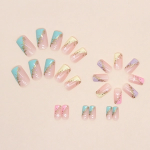 Rainbow macaron coffin fake nails with gold foil and white heart patterns for summer