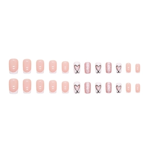 Set unghie finte quadrate francesi con glitter, cuori bianchi e scritta decorativa 'you'
