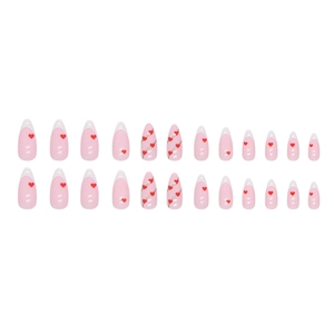 Almond press-on nails set with white French tips, red hearts, and gold line accents