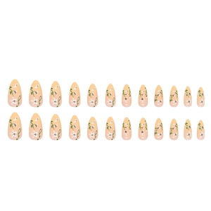 French almond press-on nails set with orange-pink gradient and white floral patterns