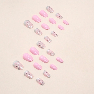 Pink and silver oval floral press-on nails set with sweet star patterns for women