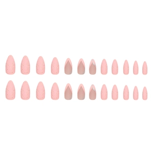 Matte almond press-on nails with pink gold foil flakes and geometric French design
