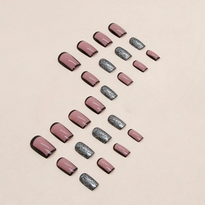 Pink and black hollow square press-on nails with silver glitter sequins set for women