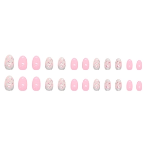 Pink oval press-on nails set with floral patterns and silver glitter accents