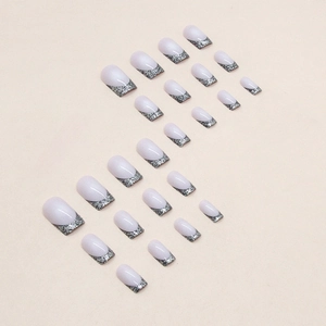 Sparkling silver glitter French tip press-on nails with white base in 24-piece set