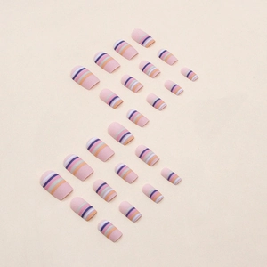Matte rainbow striped medium-long press on nails with colorful pastel wave patterns