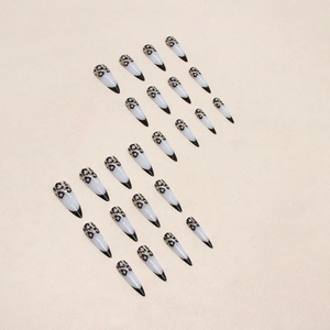 Long stiletto press-on nails with leopard print and black French tips, 24 pieces set