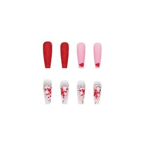 Long ballet press-on nails with red hearts and colorful rhinestones on white background