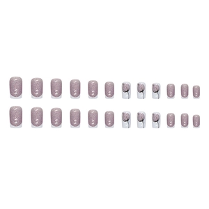 Sparkly square French press-on nails with purple glitter and tulip flower designs