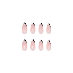 Uñas postizas de almendra rosa claro con diseño French en blanco y negro elegante
