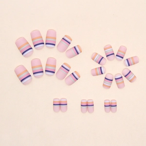 Matte pink medium-length press-on nails featuring colorful horizontal rainbow stripes