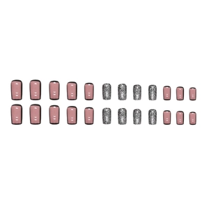 Pink and black French square press-on nails with silver glitter sequins full set