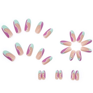 French wave press-on nails set in mint green and purple, almond shape 24pcs pack