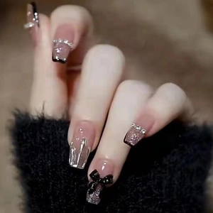 Black Butterfly Press On Nails Coffin French Tip Nude Pink Rhinestone Artificial Pearl Shiny Elegant Plastic Artificial Nails Women