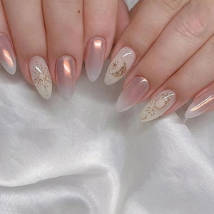 Almond Aurora Gradient Press On Nails Pink White Celestial Sun Moon Star Pattern Elegant Glossy False Nails For Women