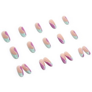 Press-on nails in long oval shape with colorful wave patterns and glossy finish